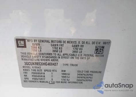 2017 Chevrolet Silverado 1500 2Lt из США, поврежденный, VIN 3GCUKREC6HG468437